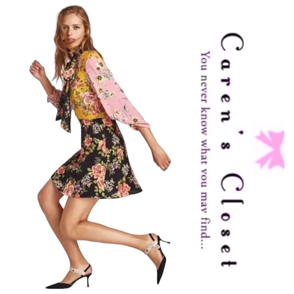 Zara Mixed Floral Long Sleeve Tie Neck Boho Chic Dress - Picture 2 of 12